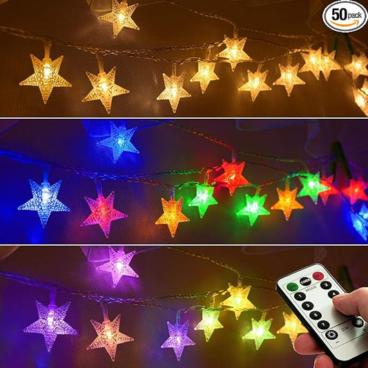 25ft 50 LED Multicolor Star String Lights for Bedroom Decorations, Battery Operated Led Christmas Lights for Apartment Dorm Room Decor(Remote/Timer/Warm White Multicolor Combination)