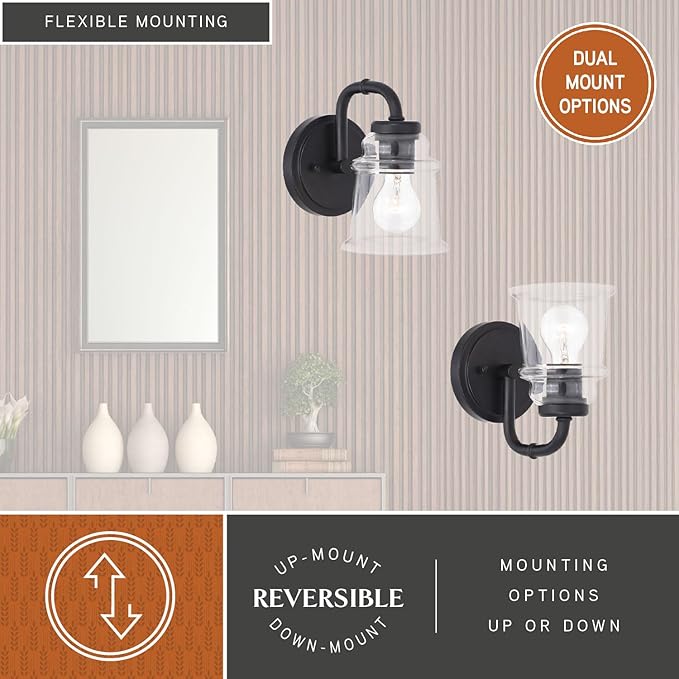 VAXCEL Toledo 1-Light 5.25 inch Wide Matte Black Industrial Bathroom Vanity Lighting Fixture, Clear Glass Shade, Dimmable, LED Compatible, Wall Mounted Steel Sconce