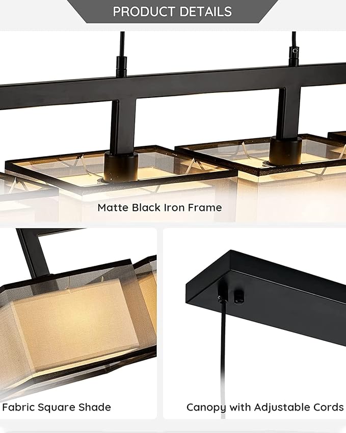 Linear Chandelier for Dining Room, Modern 4 Light Kitchen Island Lighting with Fabric Lampshade, Rectangular Chandeliers for Living Room Restaurant, Black, L44IN x W7IN x H12IN
