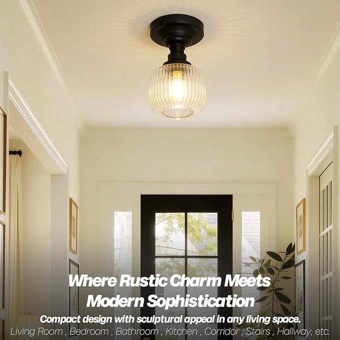 Modern Schoolhouse Semi Flush Mount Ceiling Light with Clear Ribbed Glass Lampshade, Industrial Close to Ceiling Light Fixture for Farmhouse Bedroom Entryway Stairs
