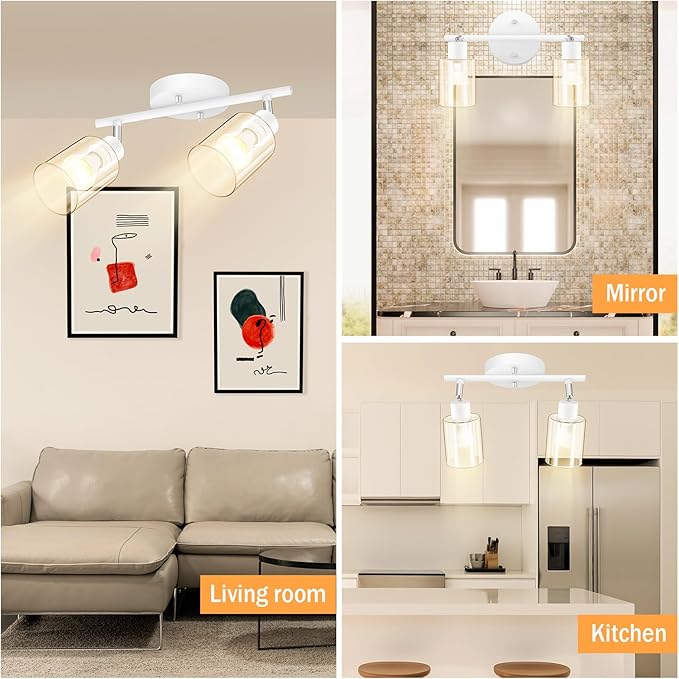 BoostArea 2-Light Bathroom Light Fixtures, White Modern Vanity Wall Lights with Clear Glass Shade, Flexibly Ceiling Light for Mirror Kitchen Living Room Hallway Cabinet Porch