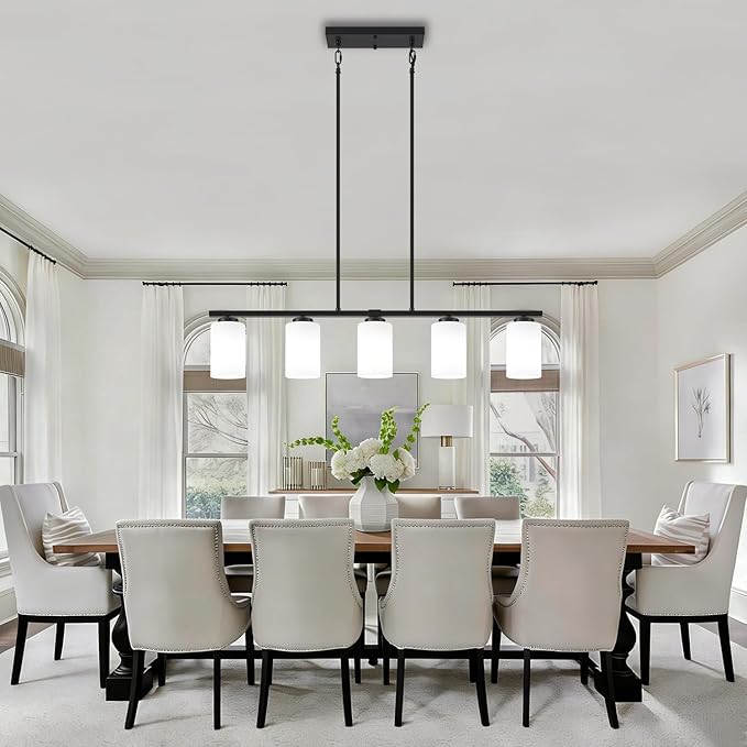Modern Island Lights for Kitchen 5-Light Black Dining Room Light Fixtures Over Table Glass Penadnt Lights Adjustable Hanging Kitchen Island Lighting Linear Farmhouse Chandelier Over Island