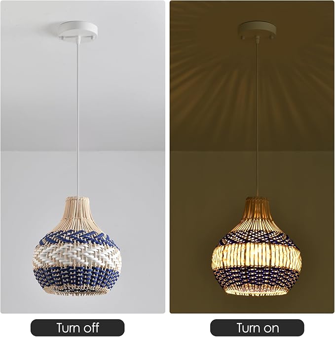 3-Pack Rattan Pendant Light,11In Blue White Hanging Light Hand-Woven Rattan Chandelier for Dining Living Bedroom Kitchen Farmhouse
