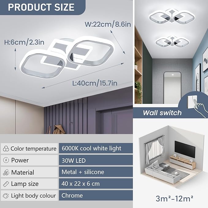 ElDISUNY Modern LED Ceiling Lights, 30W Sliver Elegant Square Lamp LED Ceiling Lights Fixture for Kitchen Hallway Indoor Home Office Living Room Bedroom Dining Room 6000K(2 Packs)