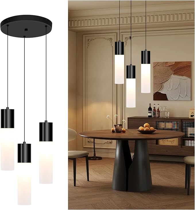 Cluster Black Pendant Lighting Fixture 3-Light Modern Hanging Dining Table Light with Milky White Lampshade LED Pendant Lights for Kitchen Island Dining Room Adjustable Height, 3000K-6000K