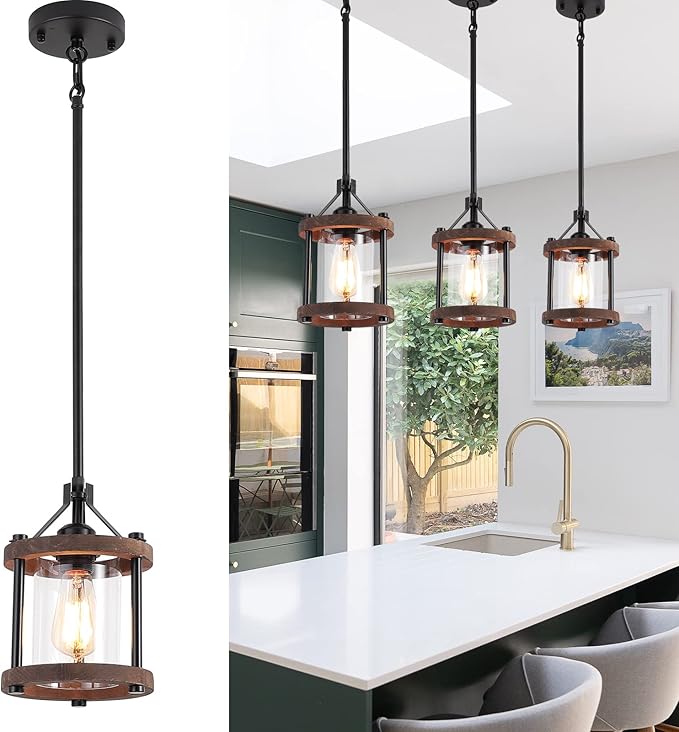 SGLfarmty Farmhouse Pendant Light for Kitchen Island, Rustic Black and Wood Light Fixtures with Glass Shade, Blown Pendant Lamps Over Table, Farmhouse Hanging Light for Dining Room, Sink, Bar, 1 Pack