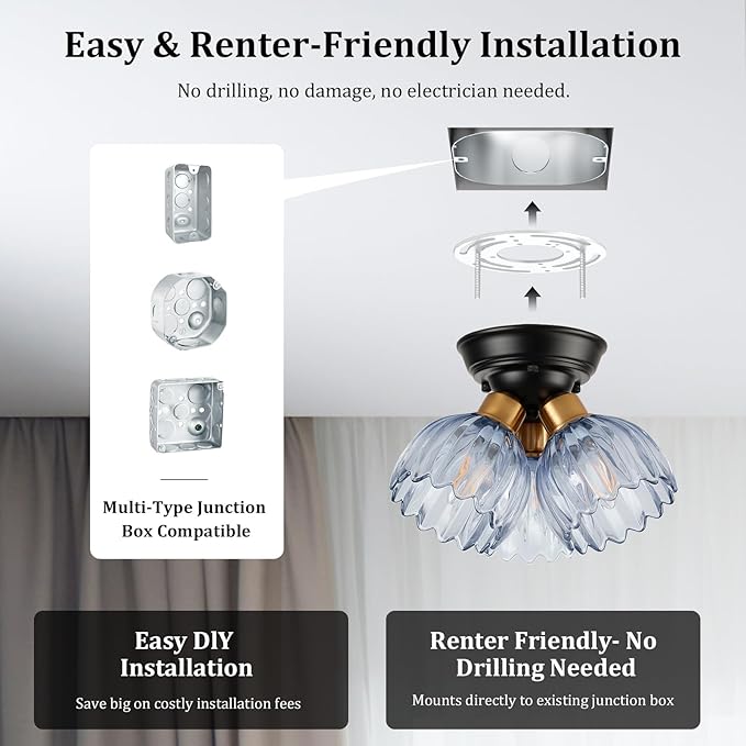TALOYA Semi Flush Mount Ceiling Light,3-Light Close to Ceiling Light Fixtures with Blue Tulip Glass Shades Modern Farmhouse Lighting Fixtures for Hallway Corridor Kitchen Bathroom Bedroom Passway