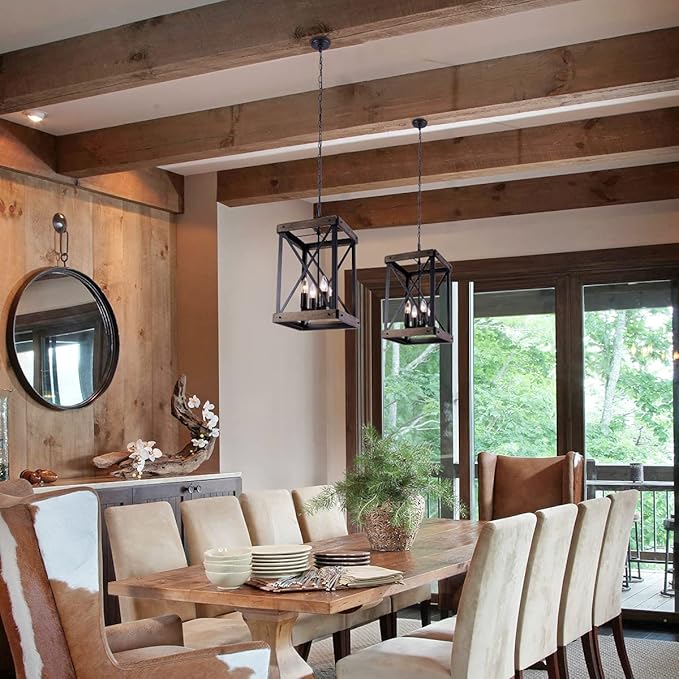 Farmhouse Pendent Lights for Kitchen Island, 4 Lights Rustic Wood Grain Black Cage Hanging Pendant Lamp Fixture for Dining Room Sink Hallway Entryway
