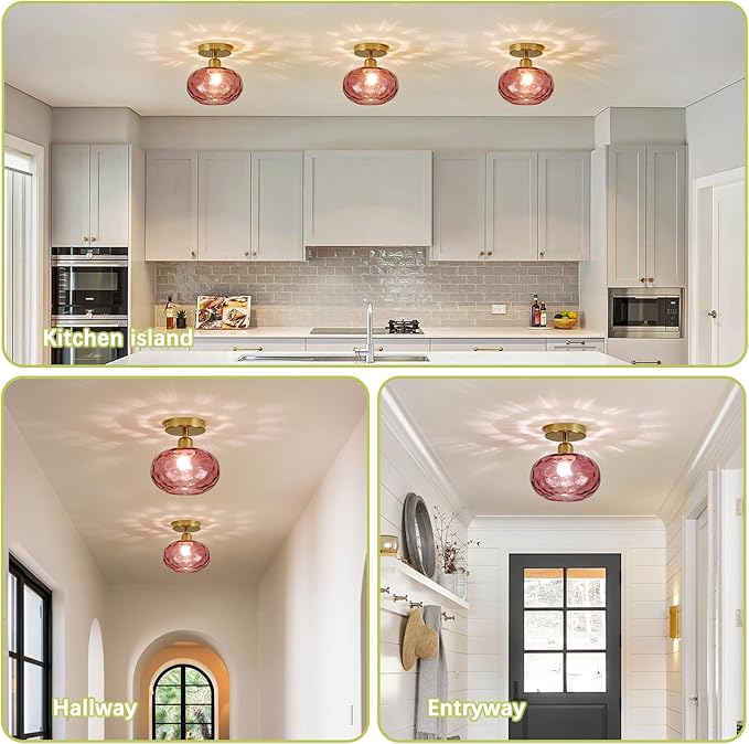 Red Glass Semi Flush Mount Ceiling Light - 7.9 Inch Hammered Art Deco Glass Small Hallway Light fixtures, Vintage Gold Flush Mount Ceiling Light for entryway Foyer Laundry Room Kitchen