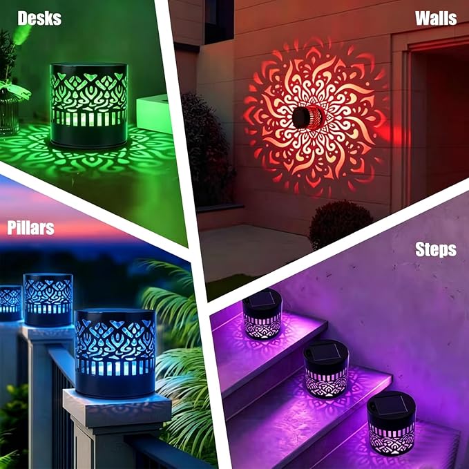 4 Pack Solar Fence Lights Mandala, Seven-Color Changing Solar Wall Mandala Lights Outdoor, Waterproof Metal Deck Step Lights for Garden Patio Post Backyard Yard Table