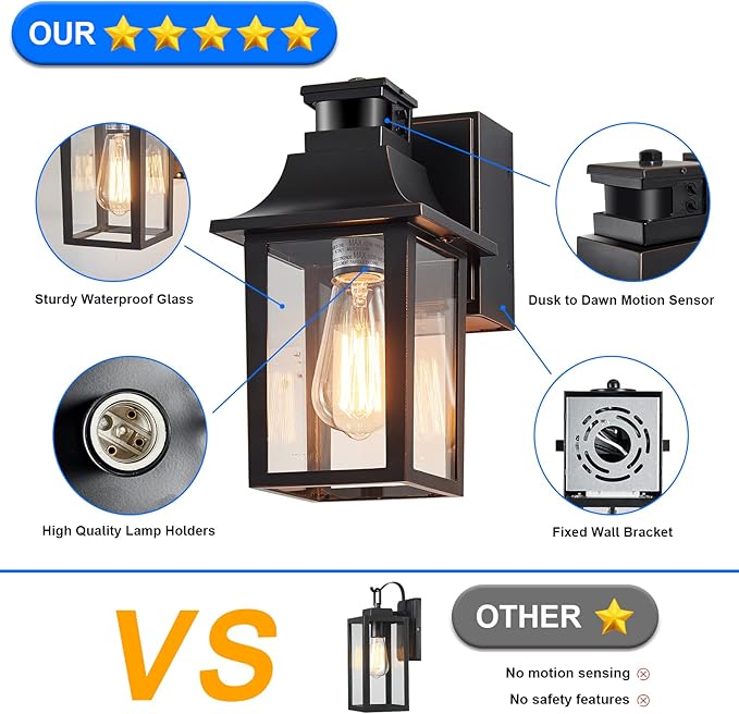 Porch Light with GFCI Outlet Dusk to Dawn Motion Sensor Outdoor Light 3 Light Modes Exterior Light Fixture Waterproof Outside Wall Light for House Patio Garage