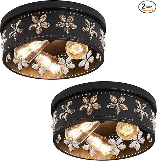 12.6 inch Black Flush Mount Ceiling Light Fixtures, 3-Light Ceiling Mount for Industrial, Crystal Light Fixtures for Farmhouse, Bedroom, Living Room, Kitchen, Hallway and Foyer (2 Pack)