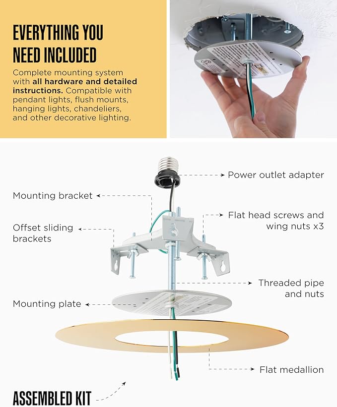 The Can Converter R56 Recessed Can Light Conversion Kit w/ 7"¾ Flat Ceiling Medallion - Home Improvement for 5" & 6" Cans, Converter Kit for Ceiling Fan & Light Fixture, UL Certified, Polished Gold
