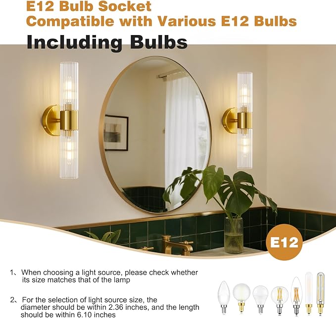 Bathroom Light Fixtures 2-Light, Modern Vanity Light for Bathroom, Wall Sconce, Bath Light with Glass Rods Shades for Mirror Bedroom Hallway (Brushed Brass)