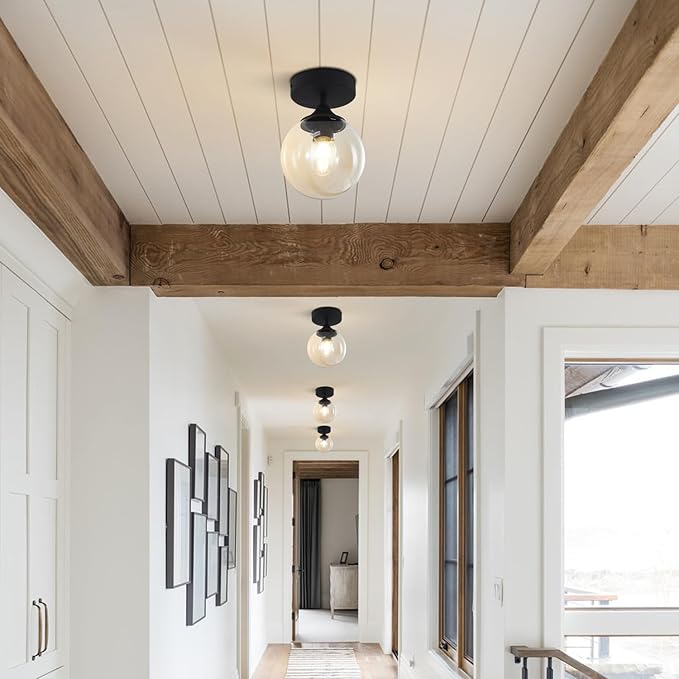 KCO Lighting Black Globe Semi Flush Mount Ceiling Light Modern Light Fixture Amber Glass Ceiling Light Rustic Bedroom Close to Ceiling Light Mid Century Modern Overhead Light