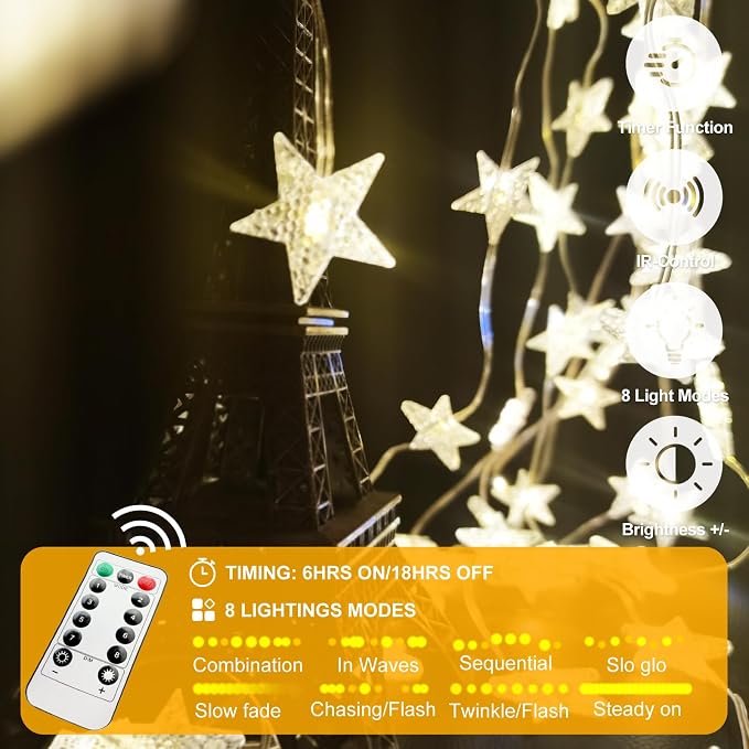 Star Curtain Lights Hanging Star Light for Window 70 Stars String Lights for Wall Décor USB Plug in 8 Modes Twinkle Fairy Lights for Christmas, Bedroom, Indoor, Outdoor, Weddings, Party (Warm White)
