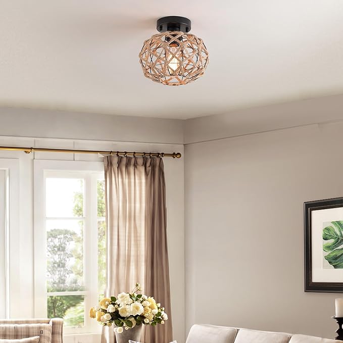 Coastal Woven Flush Mount Ceiling Light Fixture Small Boho Rustic Hemp Rope Cage Semi Flush Mount Ceiling Light for Kitchen Hallway Farmhouse Entryway Beach, Black