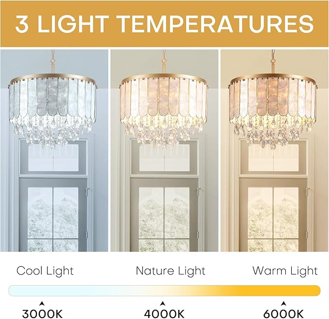 Gold Modern Capiz Shell Ceiling Light Fixture, 5-Light Drum Coastal Pendant Light with Crystals for Kitchen Island, Dining Room, Bedroom, Living Room, Bathroom, Foyer | 2-Tiered Flush Mount Chandelier