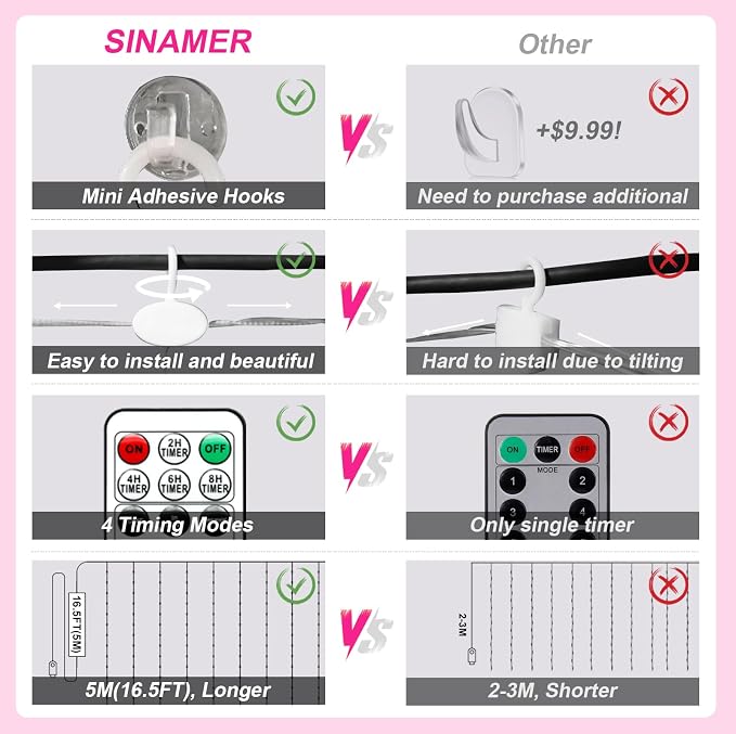Pink Curtain Light for Bedroom, 300 LED 9.8ft x 9.8ft Window Fairy Curtain String Light with 16 Hooks, 8 Models Remote Control for Wedding Party Home Garden Indoor Decorations