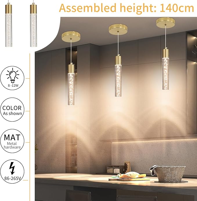 3 Pack Modern Kitchen Island Hanging Light, Gold LED Pendant Lights Fixture, Bubble Acrylic, 3 Color Temperatures, Mini Ceiling Chandelier Lighting for Dining Room, Bedroom, Foyer Entrance, Cafe Bar