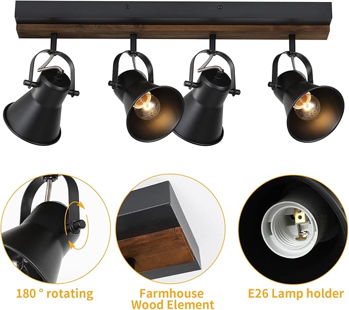 KEESFU 4-Light Track Lighting Kit,Black Semi Flush Mount Ceiling Light with 4 Rotatable Light Heads,Modern Farmhouse Lighting for Livingroom,Bedroom,Hallway,Art Wall,Bathroom,Kitchen.(4-Light)