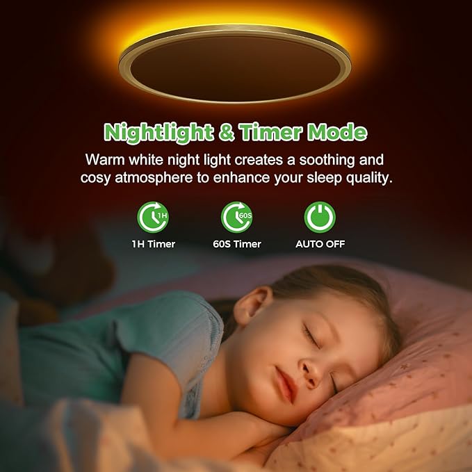 zemty 12 Inch LED Ceiling Light with Night Light 1800K, 3000K/4000K/6500K Dimmable Fixture with Remote Control, Low Profile Lighting for Bedroom Living Room Kitchen - Gold