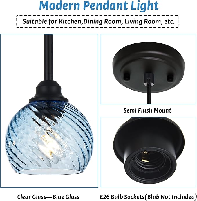 3 Pack Dining Room Light Fixture with Blue Striped Swirl Globe Glass, Stylish Kitchen Island Hanging Pendant Light Black for Bar Hallway Bedroom, 1-Light