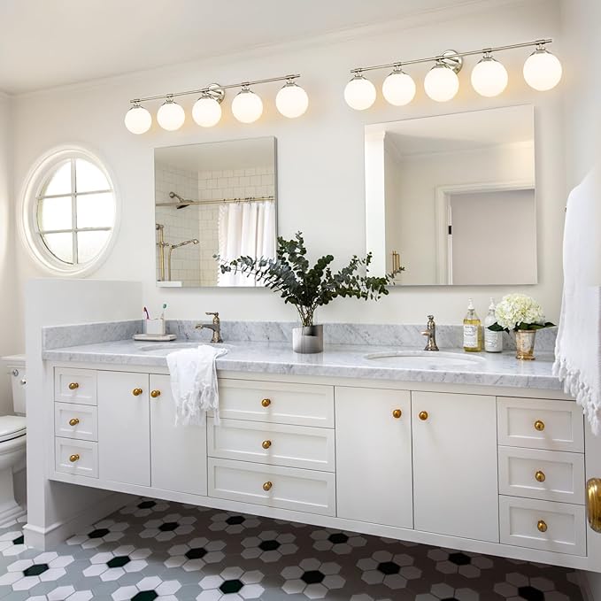 Rayogale Sand Nickel Bathroom Light Fixtures, ETL 5 Lights Vanity Lights Over Mirror with Milk Glass Soft Lighting 41 Inch Bathroom Sconces(Exclude E26 Bulb)