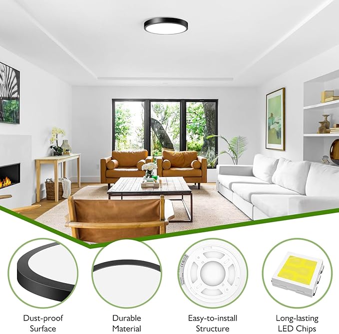 Black LED Flush Mount Ceiling Light Fixture, 100W Equivalent Dimmable Modern Recessed Ceiling Lamp 5000K Daylight White 15W 1200Lm 7 Inch Thin Flat Ceiling Light for Closet Kitchen Hallway, 1-Pack