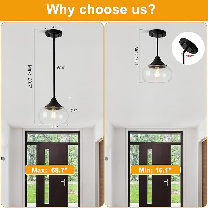 Modern Pendant Lights for Kitchen Island, Black Pendant Light Fixtures with 8.5" Clear Glass Shade, Industrial Hanging Pendant Lights Fixture for Kitchen Island Dining Room Bedroom Entryway 1 Pack