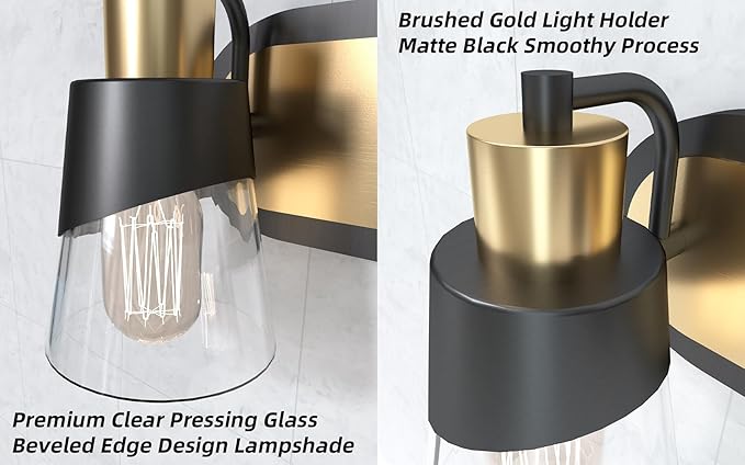 URSOLA 2 Lights Bathroom Vanity Light, Bathroom Lighting Fixtures Over Mirror, 13.8 inch Bathroom Light Fixtures Black and Gold with Bevelled Edge and Clear Glass Shade Wall Lamp