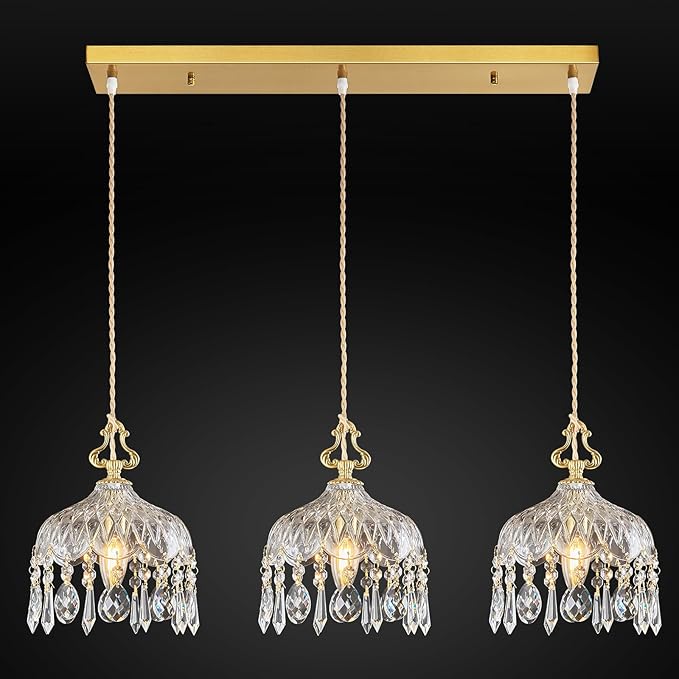 3-Light Pendant Light Fixtures Brass Vintage Glass Pendant Lights Crystal Hanging Light Fixtures,Adjustable Height Pendant Lighting for Dining Room Living Room Bedroom Hallway(Long Chassis)