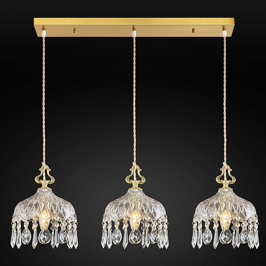 3-Light Pendant Light Fixtures Brass Vintage Glass Pendant Lights Crystal Hanging Light Fixtures,Adjustable Height Pendant Lighting for Dining Room Living Room Bedroom Hallway(Long Chassis)
