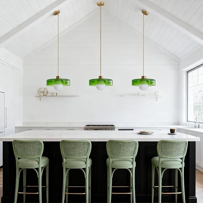 Pendant Lights Kitchen Island: Mid-Century Modern Hanging Light Fixture - Glass Pendant Lamp for Entryway Dining Room Over Table Bedside (Green, 25cm/9.84inch)
