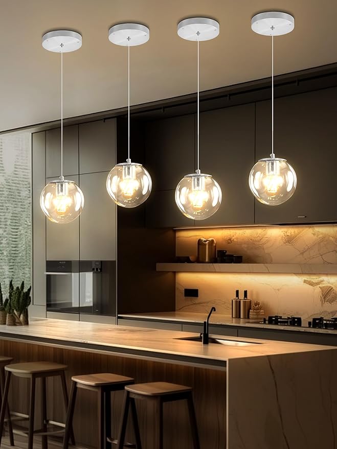 ykolupty 1 Light Globe Pendant Light for Kitchen Island Silver Pendant Light Fixtures with Clear Glass Globe Hanging Lights for Bedroom,Hallway,Bar