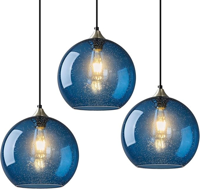 Modern 3-Pack Glass Globe Pendant Lights, Blue Modern Pendant Lighting for Kitchen Island, Clear Glass Hanging Lamps for Dining Room Living Room Bedroom, Medium 7.87 Inch Fixture (Bulbs Not Included)