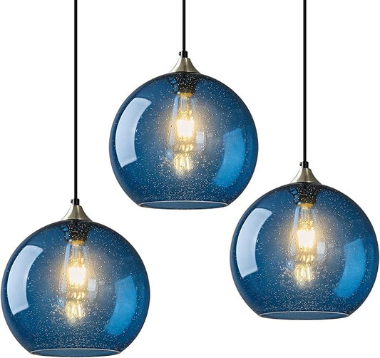 Modern 3-Pack Glass Globe Pendant Lights, Blue Modern Pendant Lighting for Kitchen Island, Clear Glass Hanging Lamps for Dining Room Living Room Bedroom, Small 5.9 Inch Fixture (Bulbs Not Included)