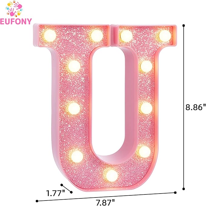 Pink Marquee Light Up Letters, Glitter Alphabet LED Letter Lights for Pink Birthday Party Decorations, Battery Operated Letter Sign for Girls Room Vanity Table Decor, Warm White Lights Letter U