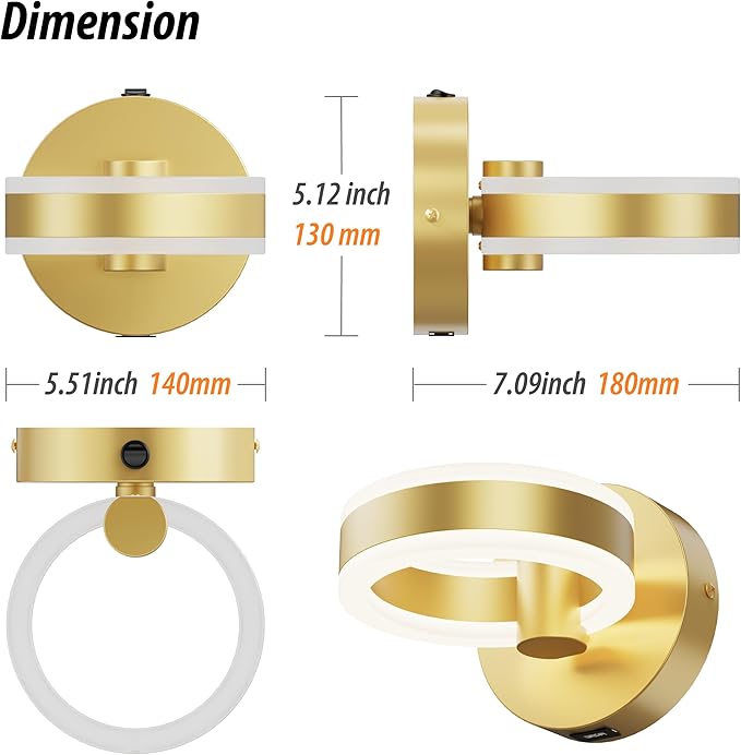 LED Wall Sconces with ON/Off Switch, Gold Rotatable Hardwired Wall Light Fixtures, Built in USB Charging Port, Modern Wall Decor for Bed Lighting.