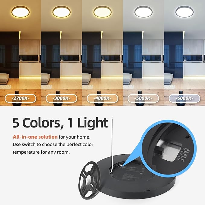 ECOELER Black 12inch LED Flush Mount Ceiling Light, 2700K-6000K 5CCT Adjustable, 28W 2400Lm, Super Slim Dimmable Ceiling Light Fixtures for Kitchen, Hallway, Laundry, ETL Listed, 2 Pack