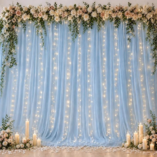 Ledido 4 Pack 10×10ft Blue Tulle Backdrop Curtains with Lights String - 1200LED Fairy Lights Sheer Curtain Backdrop for Wedding Baby Shower Photo Shoot Birthday Party Decoration(8 Panels 5×10ft)，Blue