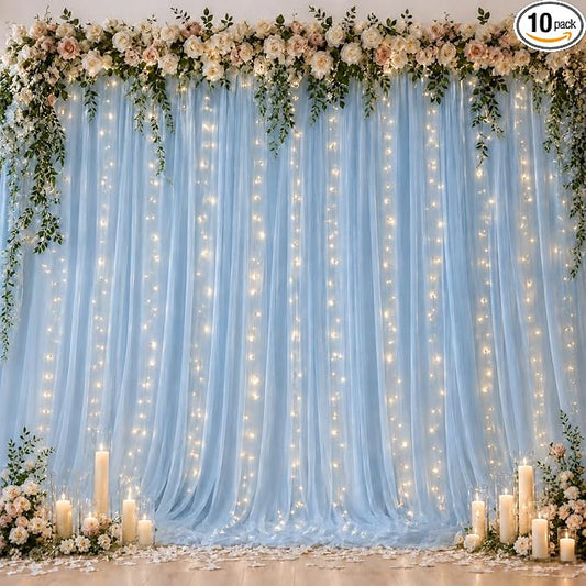 Ledido 10×10ft Blue Tulle Backdrop Curtains with Lights String - 300LED Fairy Lights Sheer Curtain Backdrop for Weddings Baby Shower Photo Shoot Birthday Party Decorations(2 Panels 5×10ft)，Blue