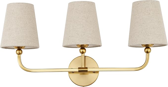 3-Light Bathroom Light Fixtures, Brushed Gold Vanity Lights with Brown Fabric Shade, Modern Sconces Wall Lighting for Hallway Bedroom, Upward Lighting, VL837-BG-L-3