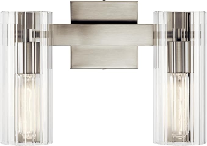 Kichler Jemsa 2-Light Bathroom Vanity Light Fixture with Clear Fluted Glass in Brushed Nickel for Modern Bathroom or Powder Room Over Mirror (9.75" x 13.75"), 55167NI