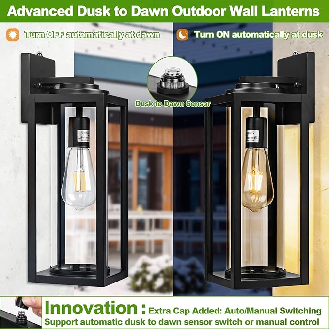 FILIYANO 16 inch Dusk to Dawn Outdoor Wall Light - 2 Pack Exterior Waterproof Outside Lighting, Modern Porch Sconces, Wall Mounted Fixtures, Industrial Anti-Rust Matte Black Lantern for Front Door