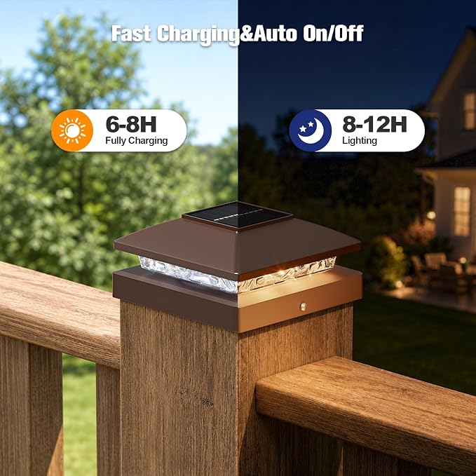 APONUO Solar Post Cap Lights for 4x4 Posts - IP64 Waterproof, 3000/6500K LED, Wireless Fence Lights & Deck Lights for Patios, Gardens, and Yards, Brown-Warm/Cool White, 8-Pack