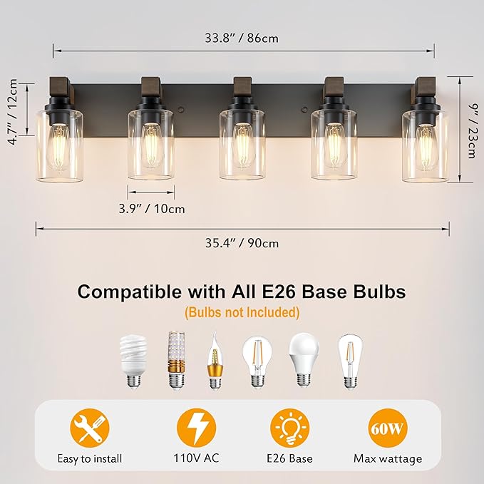 Farmhouse Bathroom Vanity Light Fixtures, Rustic 5-Light Wood Vanity Lights for Bathroom, Vintage Black Wall Sconces Lighting, Light fixtures Over Mirror, with Glass Shade