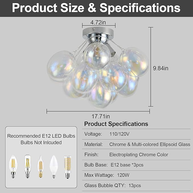 Bubble Light Fixture Flush Mount Ceiling Light Bubble Chandelier 17.7in Blown Glass Semi Flush Mount Chandelier for Bedroom Hallway Entryway Kitchen Foryer Dining Room 1 Pack