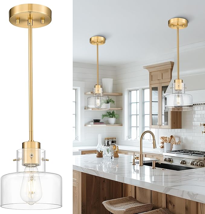 Brushed Gold Pendant Lights Kitchen Island, 6" Pendant Light Fixtures Over Island with Clear Glass Shade, Modern Brass Kitchen Island Lighting for Dining Room Entryway, PL124-BG-G-1PK