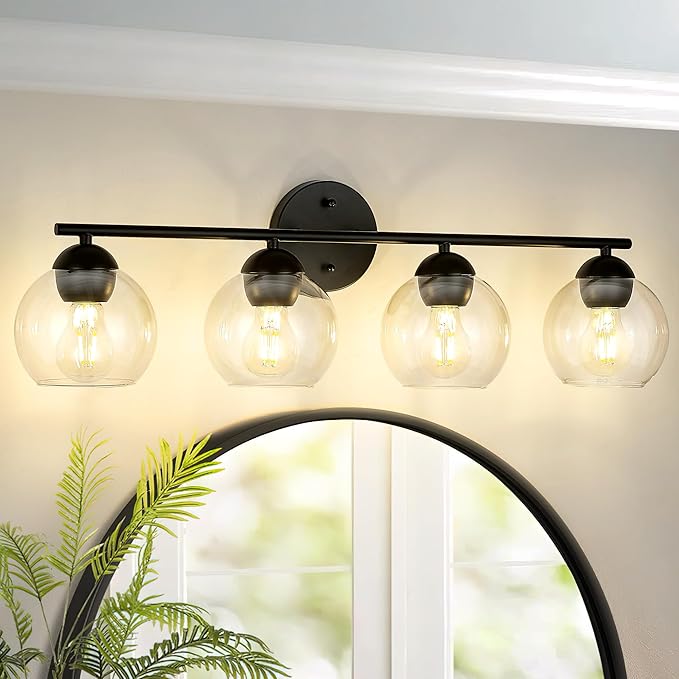 Emak 29 Inch Black Bathroom Light Fixtures, 4-Light Vanity Light with Clear Glass Shade, Globe Vanity Lights for Bathroom, VL114-BKL-4